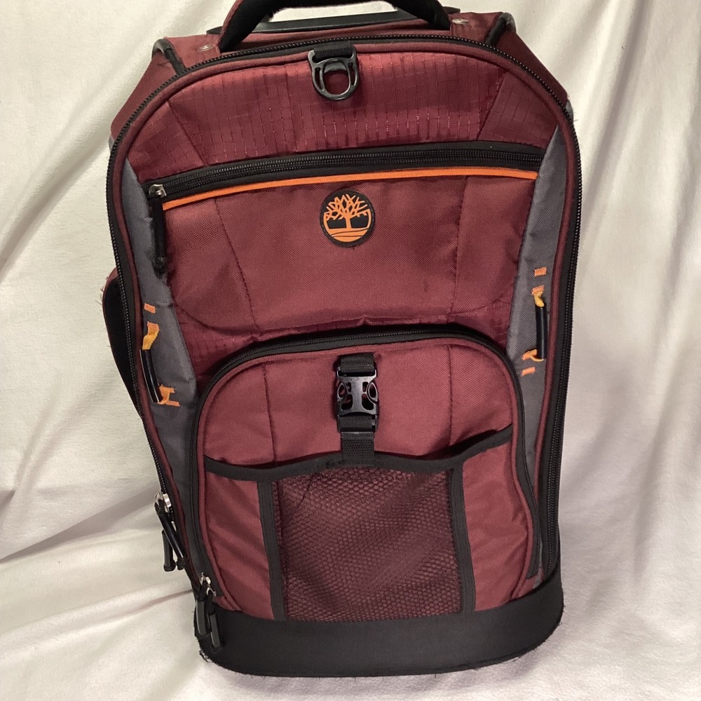 Timberland Rolling Suitcase Burgundy Grey Ripstop Nylon Travel Carry On Bag